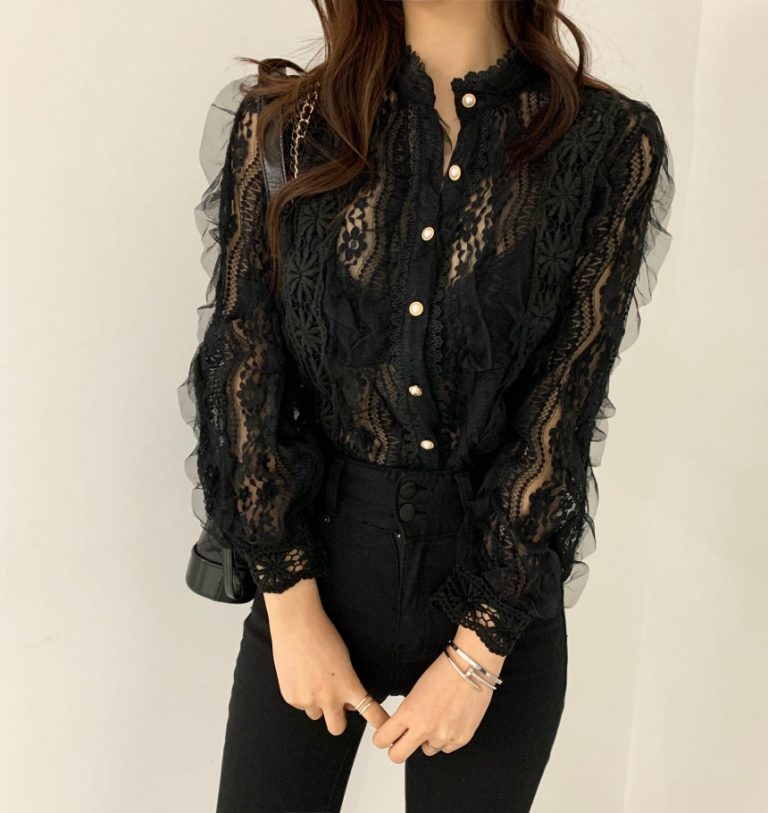 Spring / Autumn Stand Collar Long Sleeves Crochet Flower Lace Blouse ...