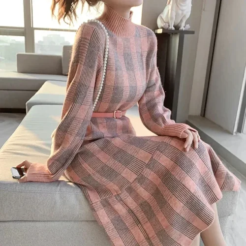 O-Neck Long Sleeves Knitted Thicken Plaid Midi Dress