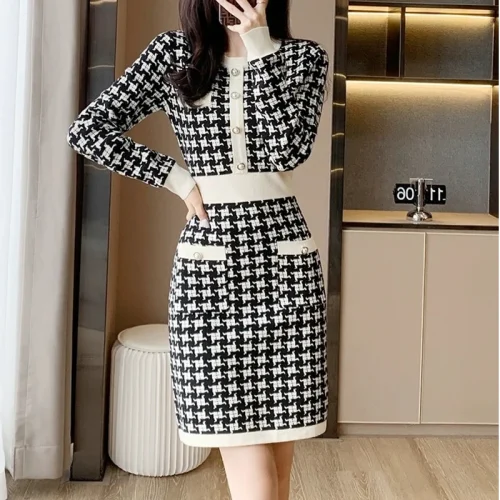 Autumn / Winter O-Neck Long Sleeves High Waist Houndstooth Patchwork Knitted Dress - Image 2