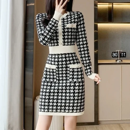 Winter O-Neck Long Sleeves High Waist Houndstooth Patchwork Knitted Dress