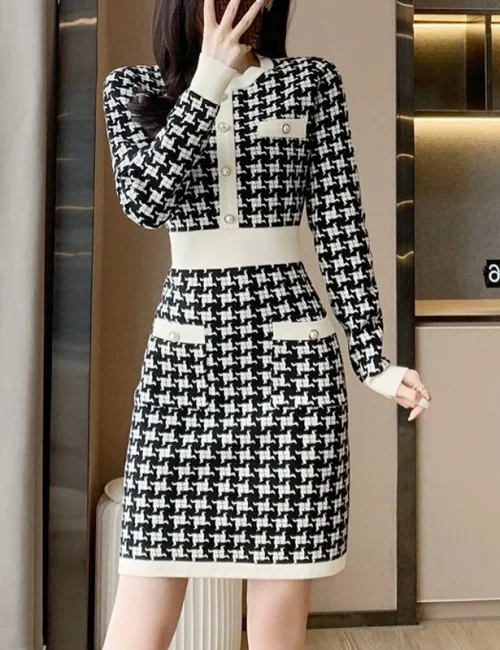 Winter O-Neck Long Sleeves High Waist Houndstooth Patchwork Knitted Dress