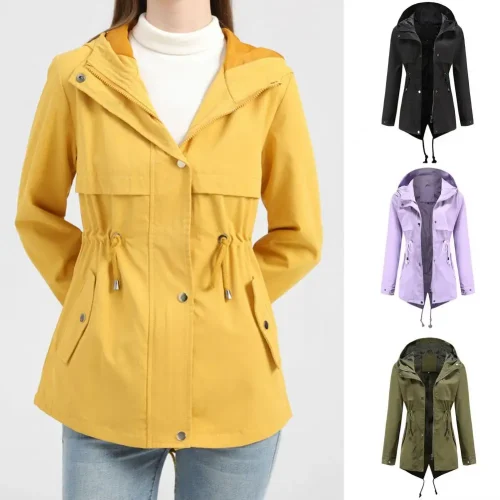 Autumn Hooded Drawstrings Buttons Pockets Back Split Zipper Jacket - Image 3