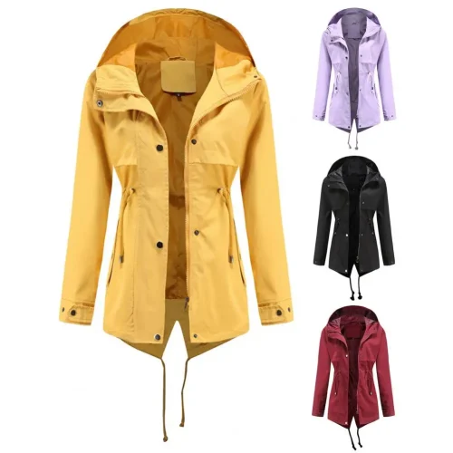 Autumn Hooded Drawstrings Buttons Pockets Back Split Zipper Jacket - Image 4