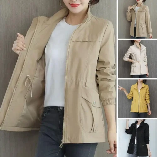 Autumn Stand Collar Drawstrings Buttons Pockets Double Layer Jacket