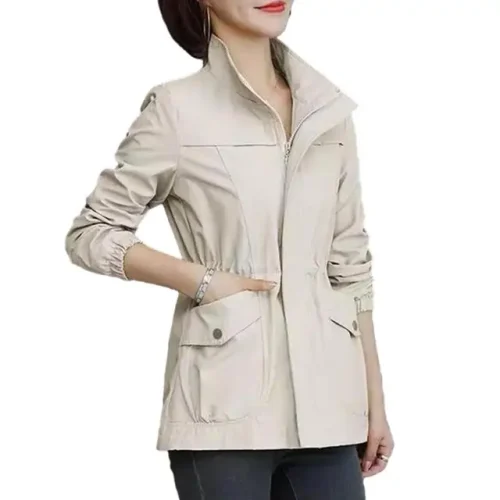 Autumn Stand Collar Drawstrings Buttons Pockets Double Layer Jacket - Image 6