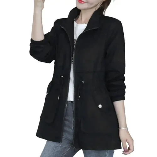 Autumn Stand Collar Drawstrings Buttons Pockets Double Layer Jacket - Image 7