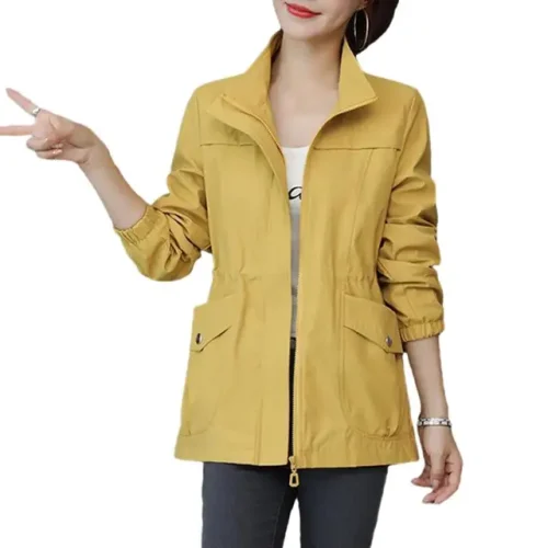 Autumn Stand Collar Drawstrings Buttons Pockets Double Layer Jacket - Image 5